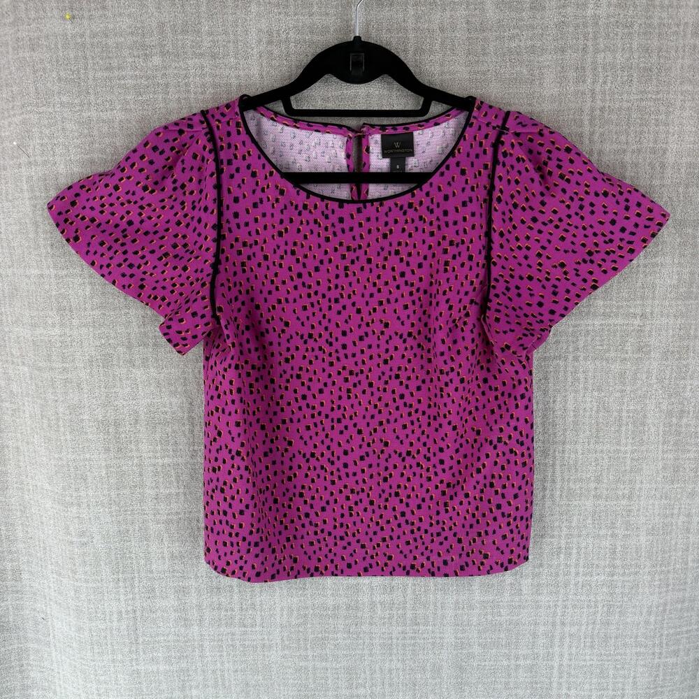 Worthington Blouse Womens S Purple Animal Print Flutter Sleeve Round Neck